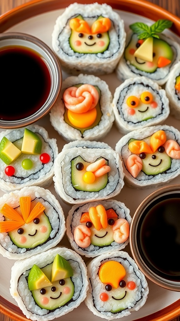 Cute sushi rolls with vibrant ingredients and playful faces on a colorful platter.